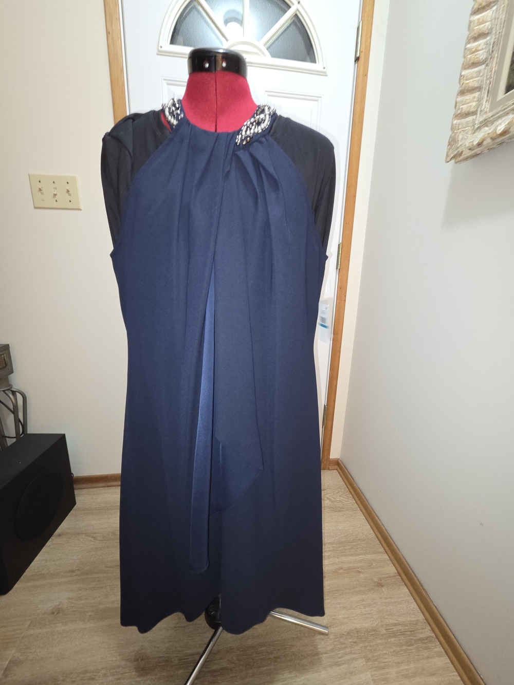 Navy Beaded-Neck Midi Dress